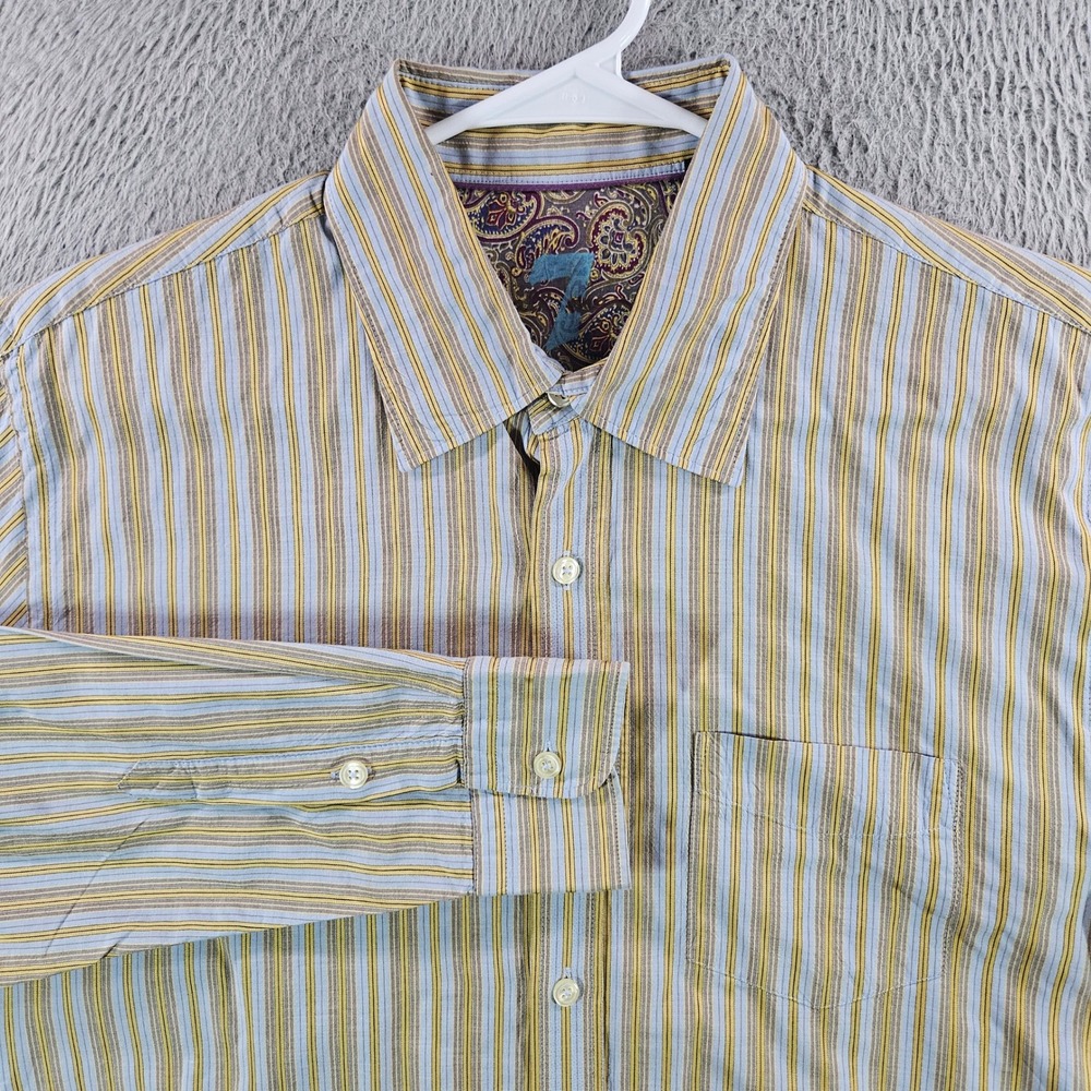 7 For All Mankind Mens Medium Blue Yellow Striped Long Sleeve Button Down Shirt